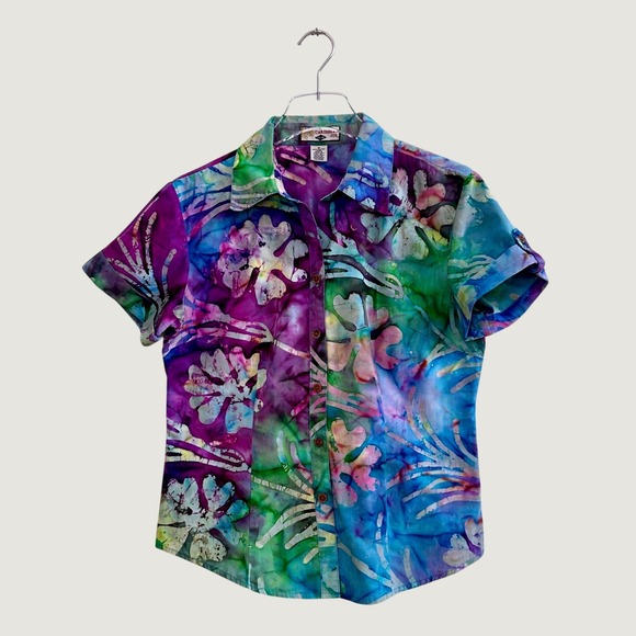 Caribbean Joe Tops - Caribbean Joe Womens Boho M Batik Floral Button Cotton Short Sleeve Multi